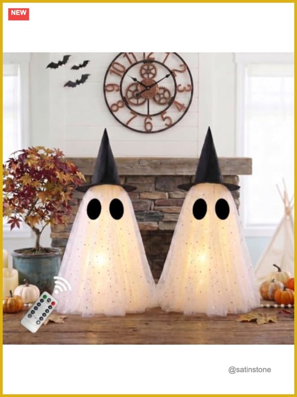 Set of 2 Light-Up Ghost Halloween Decor with Witch Hats | LED Indoor Prop